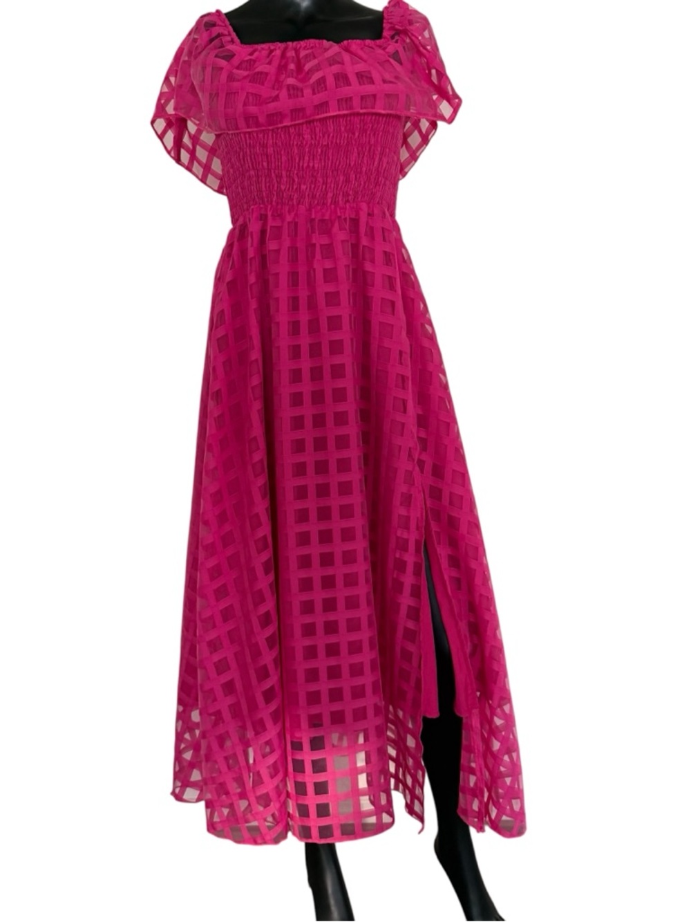 SHEIN Fuchsia Checkered Maxi Dress with Smocked Bodice - Picture 1 of 13